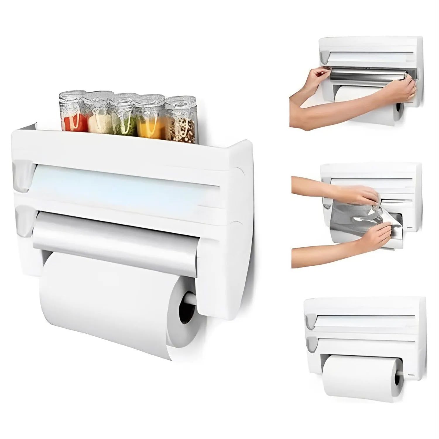 DISPENSADOR PORTA ROLLO CORTADOR DE PAPEL COCINA 4 EN 1