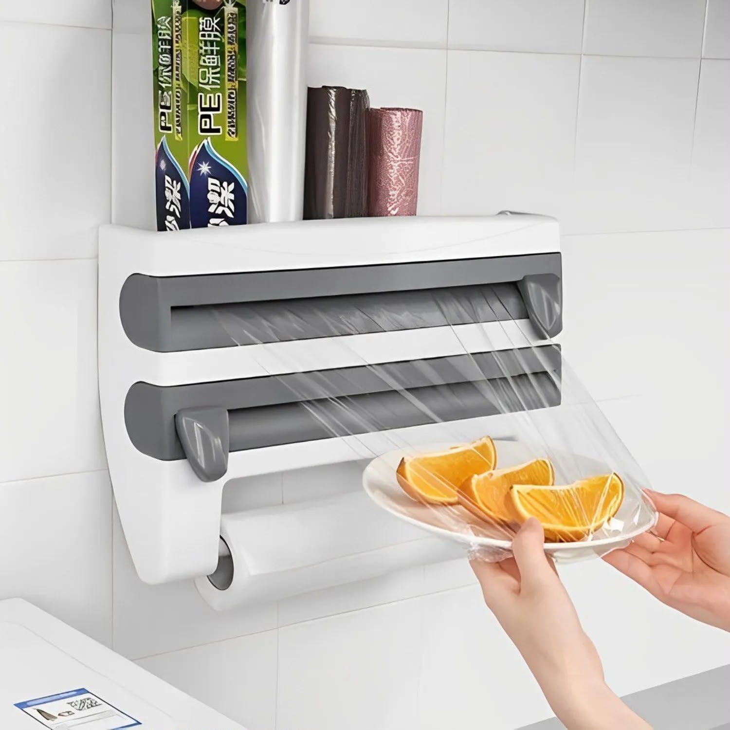 DISPENSADOR PORTA ROLLO CORTADOR DE PAPEL COCINA 4 EN 1