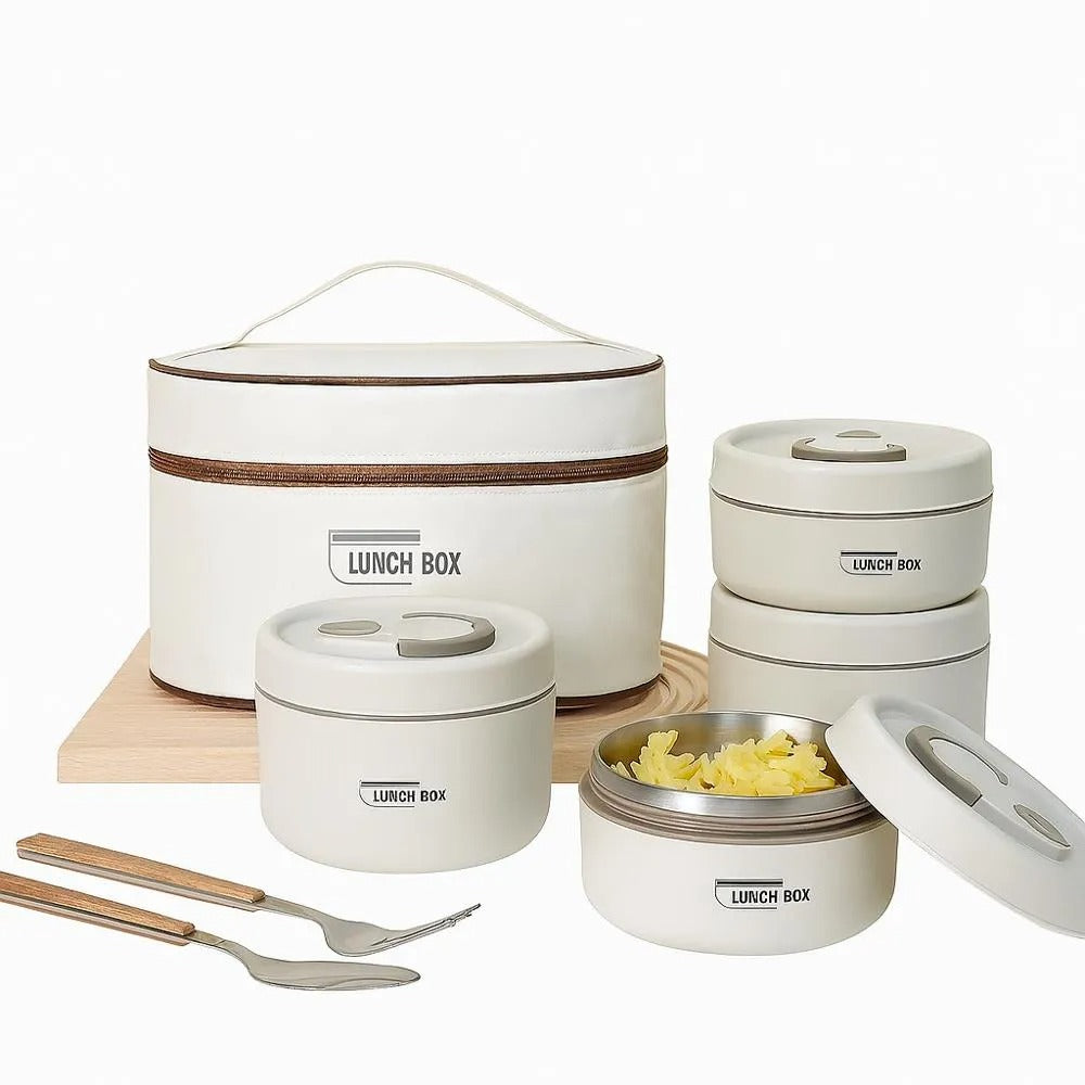Lonchera Porta Comida Térmica 4 Recipientes Acero Inoxidable Apilables Con Estuche