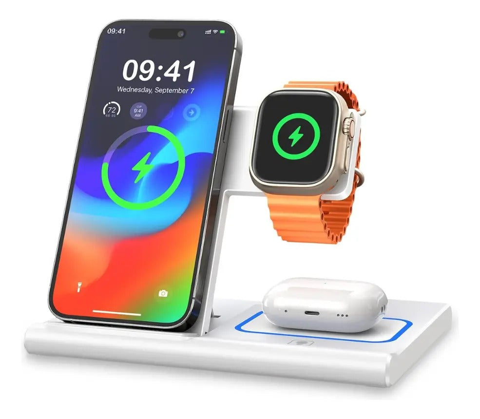 BASE CARGADOR 3 EN 1 CELULAR RELOJ Y AUDIFONOS