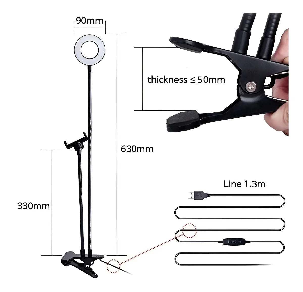ARO DE LUZ LED FLEXIBLE CON SOPORTE PARA CELULAR