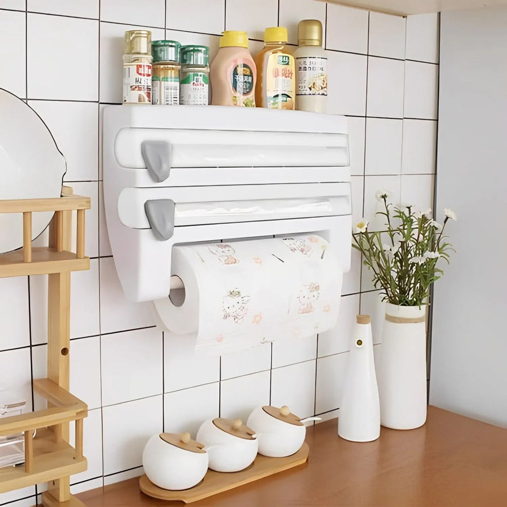 DISPENSADOR PORTA ROLLO CORTADOR DE PAPEL COCINA 4 EN 1