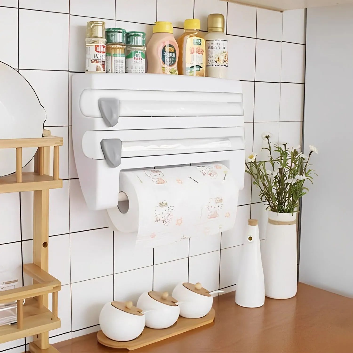 DISPENSADOR PORTA ROLLO CORTADOR DE PAPEL COCINA 4 EN 1